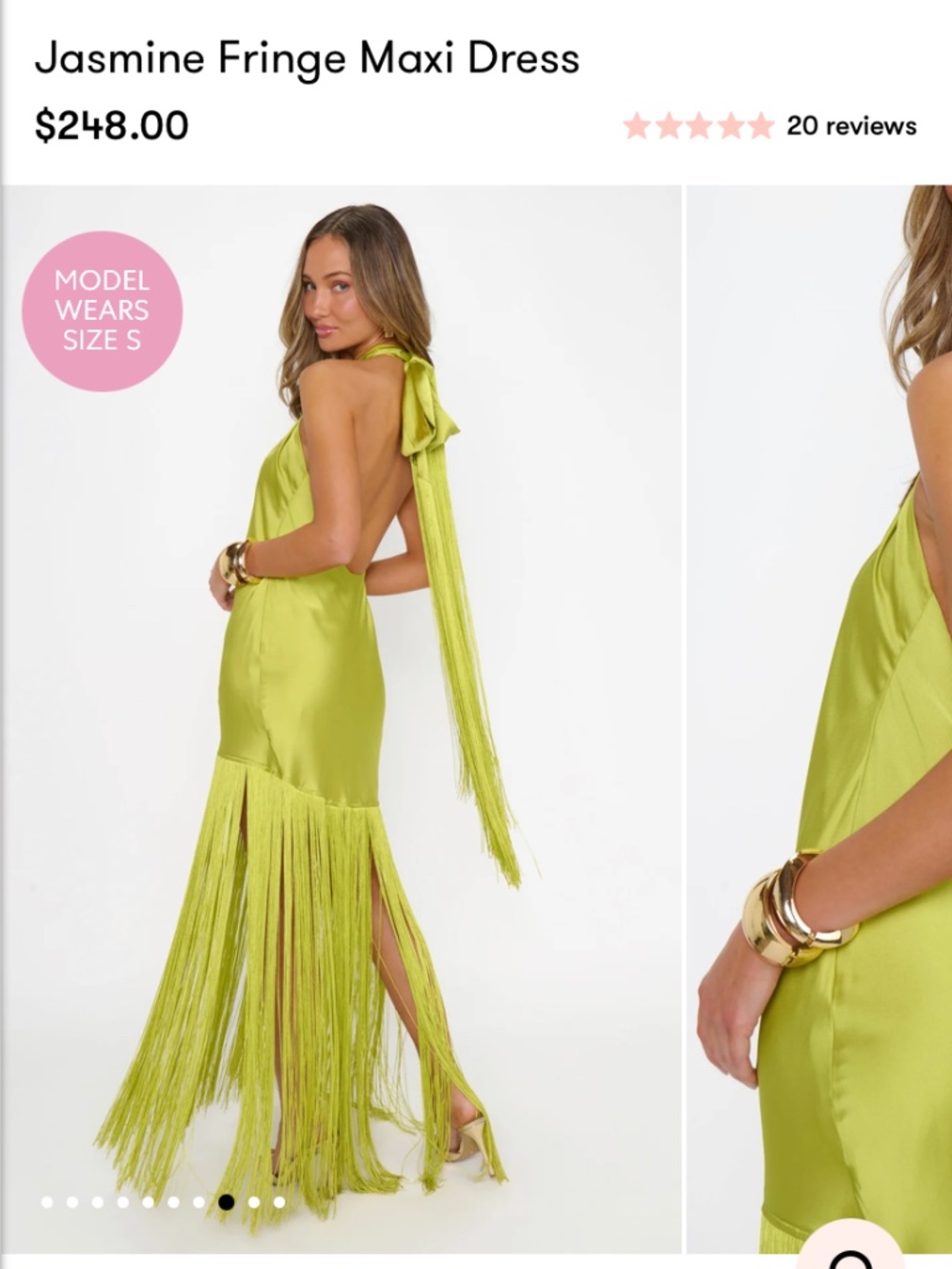 Green silk event dress with fringe